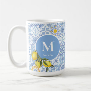 Zitronenfruchtmonogramm, blaue Kachel Kaffeetasse