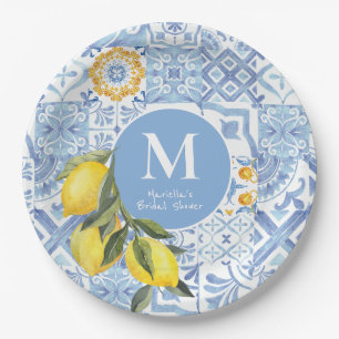 Zitronenfruchtmonogramm, blaue Kachel Pappteller