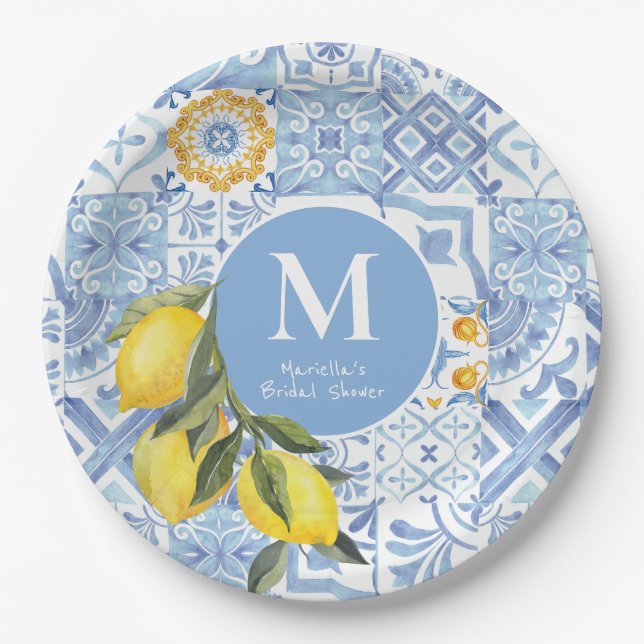 Zitronenfruchtmonogramm, blaue Kachel Pappteller (Vorderseite)