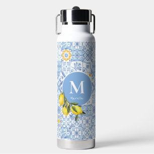 Zitronenfruchtmonogramm, blaue Kachel Trinkflasche