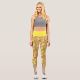 Zitronenfruchtmuster gelb und pfirsichrosa capri leggings