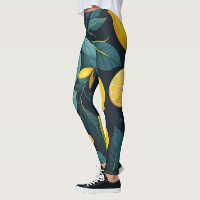 Zitronengarten-Muster. Gelbe tropische Zitrusfrüch Leggings (Links)
