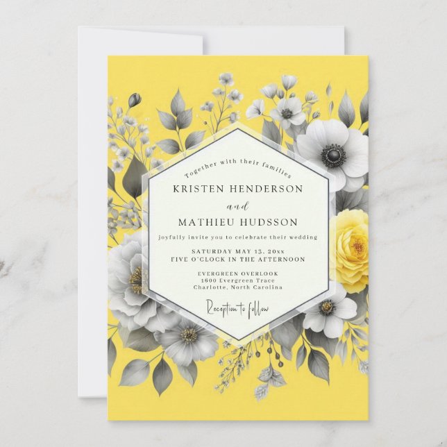 Zitronengraphit Flora Hochzeit Einladung (Vorderseite)