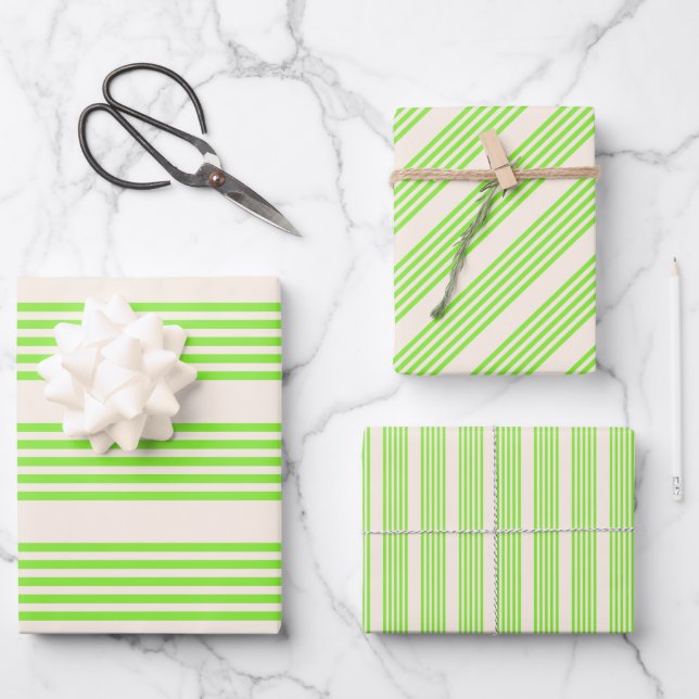 Zitronengrün und Beige, fünf Streifen Geschenkpapier Set (Vorderseite)