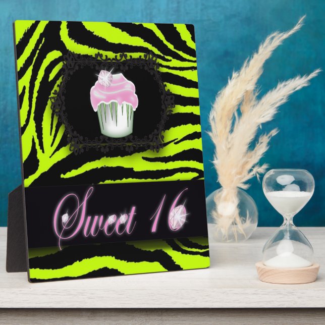 Zitronengrün Zebraprint Rosa Cupcake 16 . Geburtst Fotoplatte (Seite)