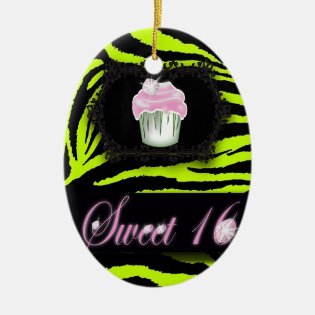 Zitronengrün Zebraprint Rosa Cupcake 16 . Geburtst Keramikornament (Vorne)