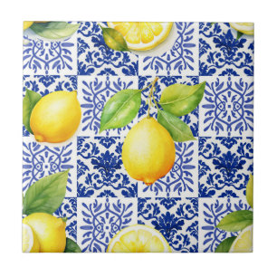 Zitronenmuster Blau Weiß Mediterran Zitrusfrüchte Fliese