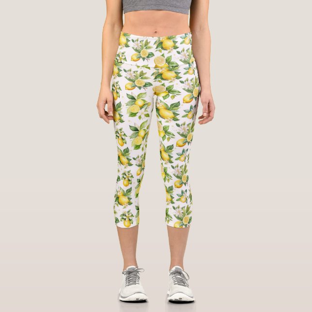 Zitronenmuster, Zitronen-Blume, Blätter, Zitrusfrü Capri Leggings (Vorderseite)