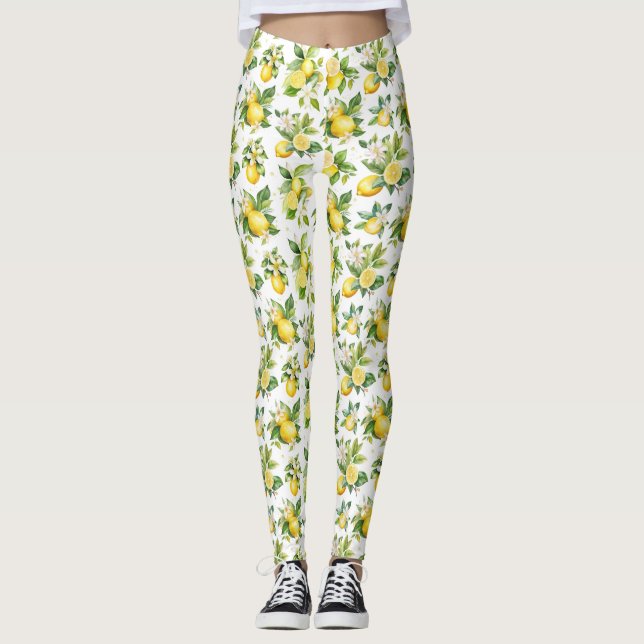 Zitronenmuster, Zitronen-Blume, Blätter, Zitrusfrü Leggings (Vorderseite)