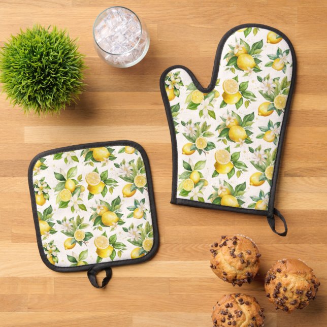 Zitronenmuster, Zitronen-Blume, Blätter, Zitrusfrü Ofenhandschuh & Topflappen-Set (Oben Unten)