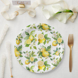 Zitronenmuster, Zitronen-Blume, Blätter, Zitrusfrü Pappteller