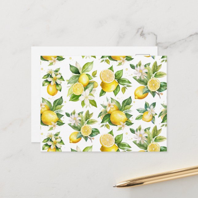 Zitronenmuster, Zitronen-Blume, Blätter, Zitrusfrü Postkarte (Vorderseite/Rückseite Beispiel)