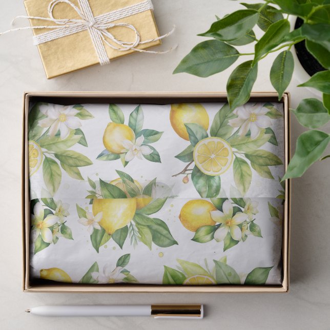 Zitronenmuster, Zitronen-Blume, Blätter, Zitrusfrü Seidenpapier (Geschenk)
