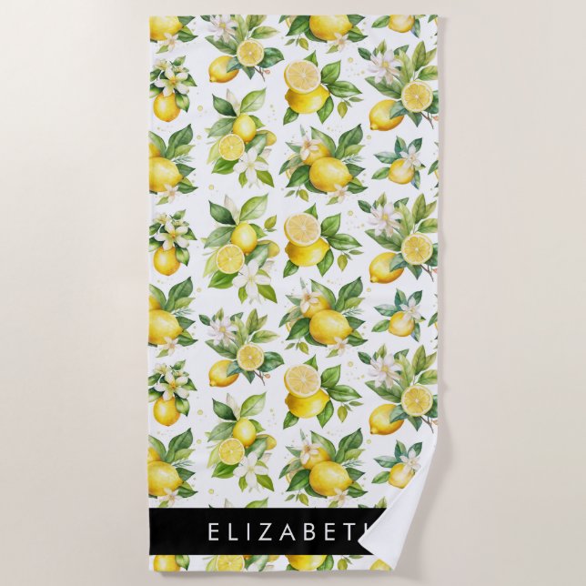 Zitronenmuster, Zitronenmuster, Blume, Blätter, Ih Strandtuch (Vorderseite)