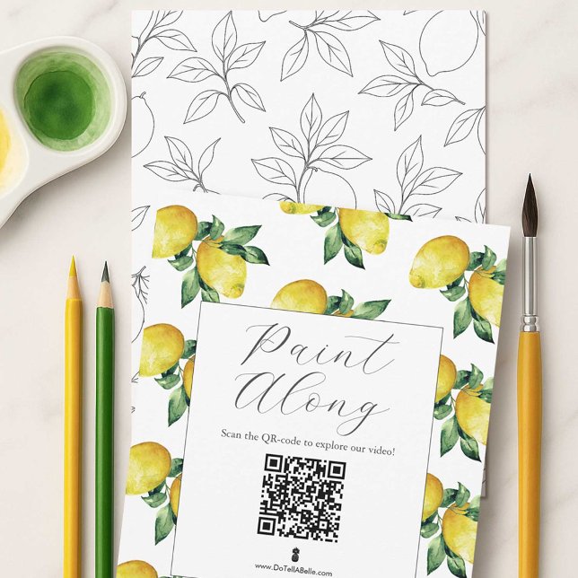 Zitronenmusterumrisse Einladung (lemon outlines for adult coloring or paint and sip party with QR code to how to video)