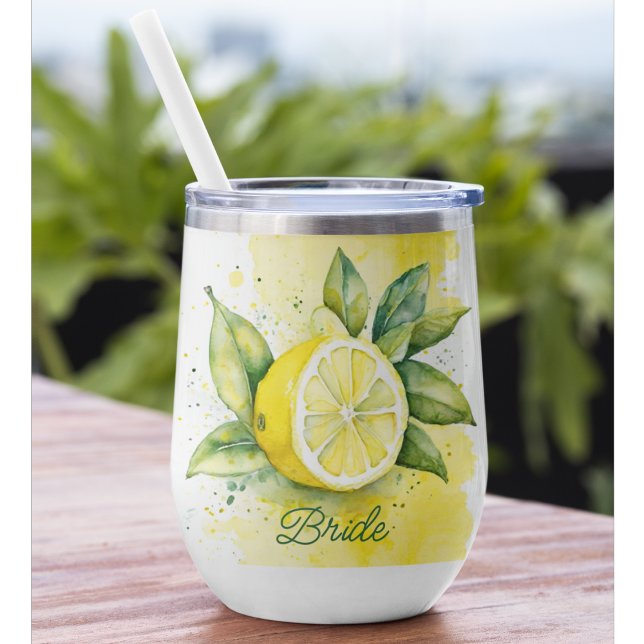 Zitronenzitrus Gelbe Frucht Hübsche Wasserfarbenbr (Citrus summer wedding wine tumbler for the bride.)