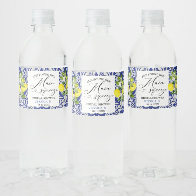 Zitronenzweig und blaues Mosaik-Brautparty Wasser  (Flaschen)