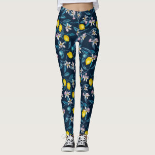 Zitronenzweige mit Blüten und blauen Früchten Leggings