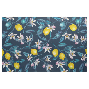 Zitronenzweige mit Blüten und blauen Früchten Stoff