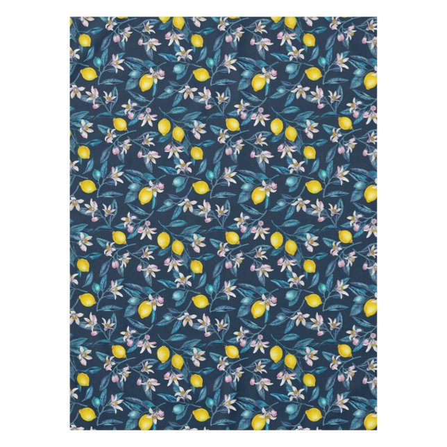 Zitronenzweige mit Blüten und blauen Früchten Tischdecke (Vorderseite)