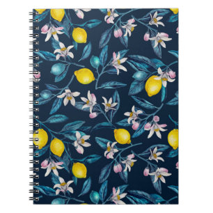 Zitronenzweige mit Blüten und Früchten auf blau, n Notizblock
