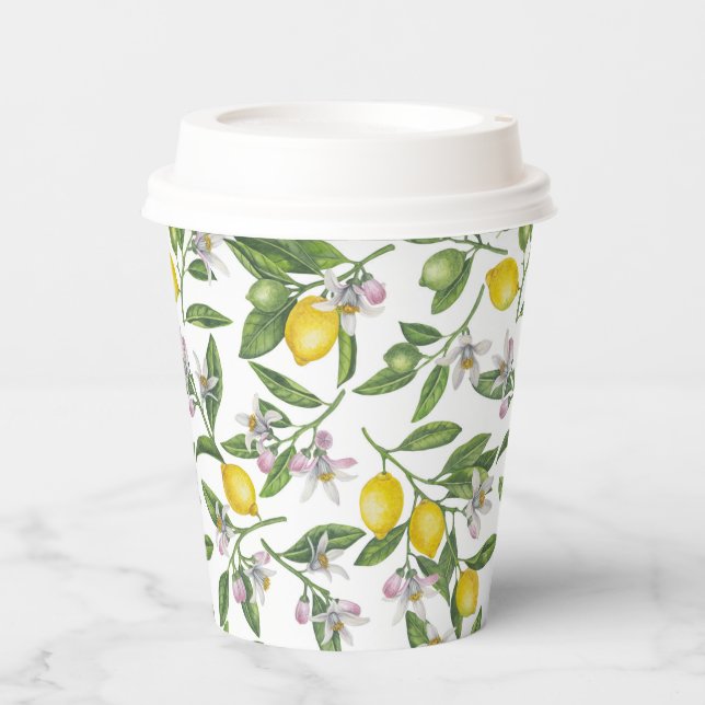 Zitronenzweige mit Blüten und Früchten Pappbecher (Vorderseite)