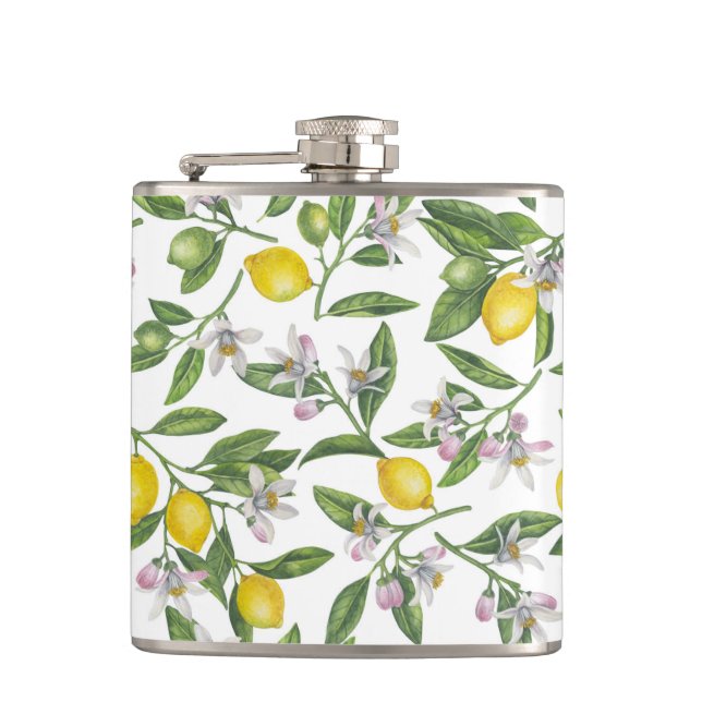 Zitronenzweige mit Blüten und weißen Früchten Flachmann (Vorderseite)