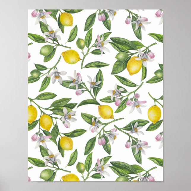 Zitronenzweige mit Blüten und weißen Früchten Poster (Vorne)