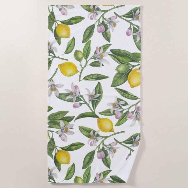 Zitronenzweige mit Blüten und weißen Früchten Strandtuch (Vorderseite)