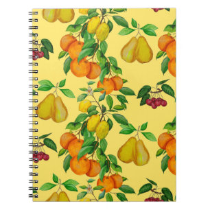 Zitrus, Birne, Kirsche: Aquarelldruck. Notizblock