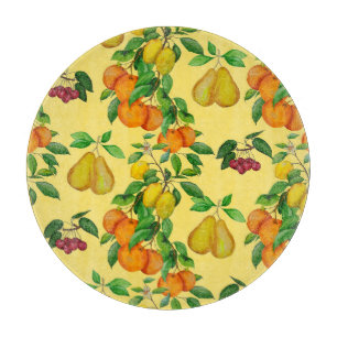 Zitrus, Birne, Kirsche: Wasserfarbdruck. Schneidebrett