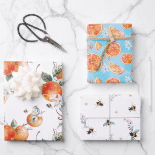 Zitrus-Blüten-Hummel-Aquarell Geschenkpapier Set