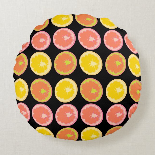 Zitrus Candy Lemon Fruchtmuster Rundes Kissen (Vorderseite)