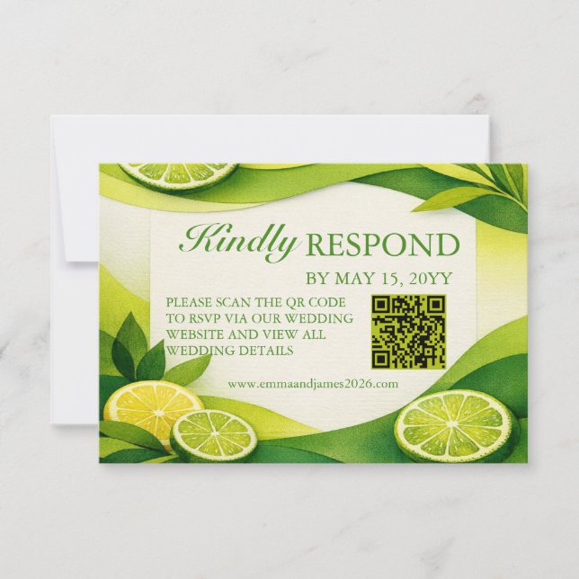 Zitrus-Limonen-Grün-Hochzeit QR-Code RSVP Karte (Vorderseite)