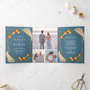 Zitrus Orange Staubblau Foto Collage Hochzeit Dreifach Gefaltete Einladung