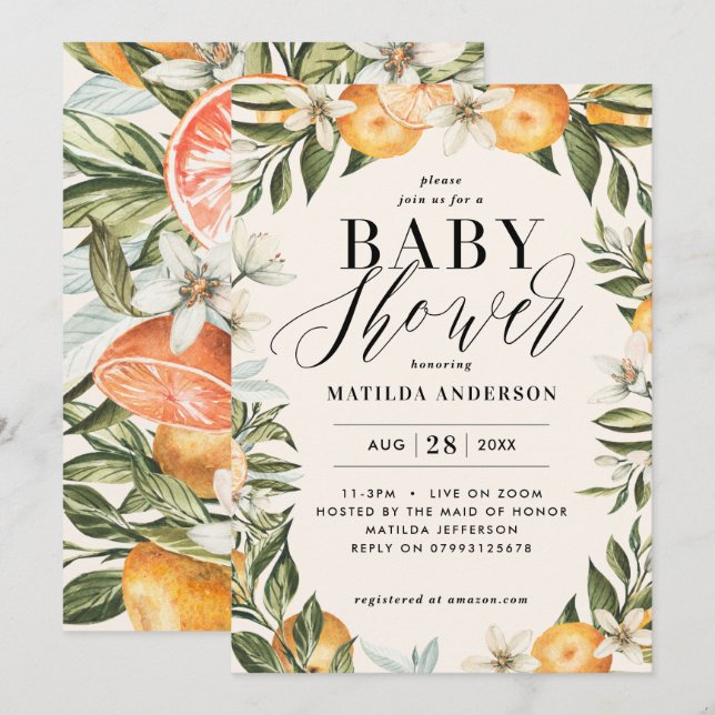 Zitrusblüte Babydusche Party Einladung (Vorne/Hinten)