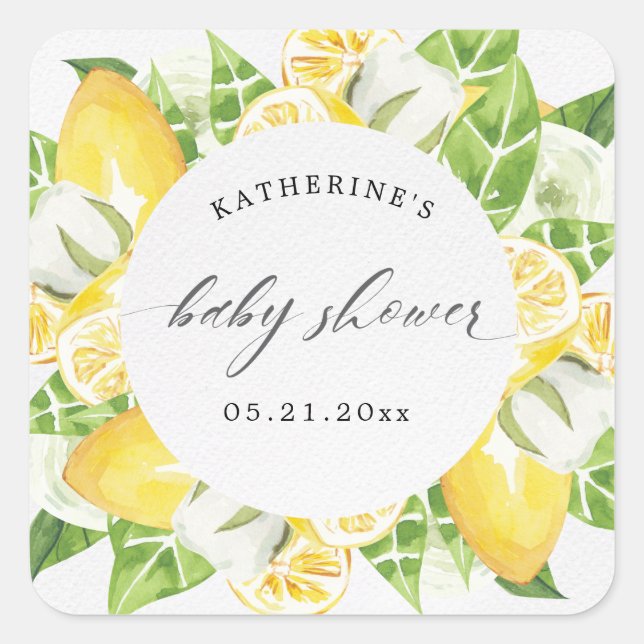 Zitrusfrüchte Blume Babydusche Monogramm Quadratischer Aufkleber (Vorderseite)