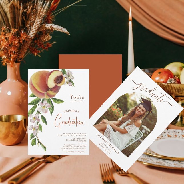 Zitrusfrüchte Blumenpfirsich Foto Abschluss Einladung (Create a Unique Graduation Invitation with Citrus Fruits and Floral Design!)