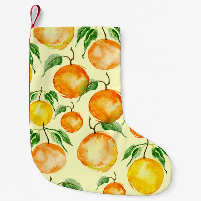Zitrusfrüchte in Aquarellfarbe, tropisches Muster. Kleiner Weihnachtsstrumpf (Vorderseite)