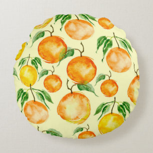 Zitrusfrüchte in Aquarellfarbe, tropisches Muster. Rundes Kissen