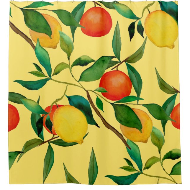 Zitrusfrüchte, lebendiges Aquarellmuster. Duschvorhang (Vorderseite)