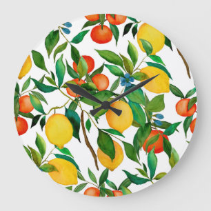 Zitrusfrüchte, lebendiges Aquarellmuster. Große Wanduhr