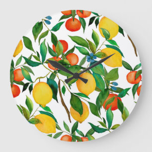 Zitrusfrüchte, lebendiges Aquarellmuster. Große Wanduhr