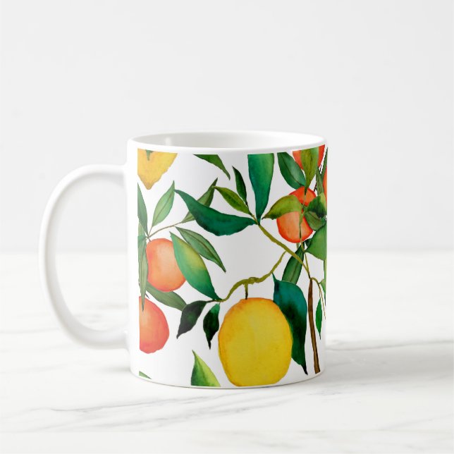 Zitrusfrüchte, lebendiges Aquarellmuster. Kaffeetasse (Links)