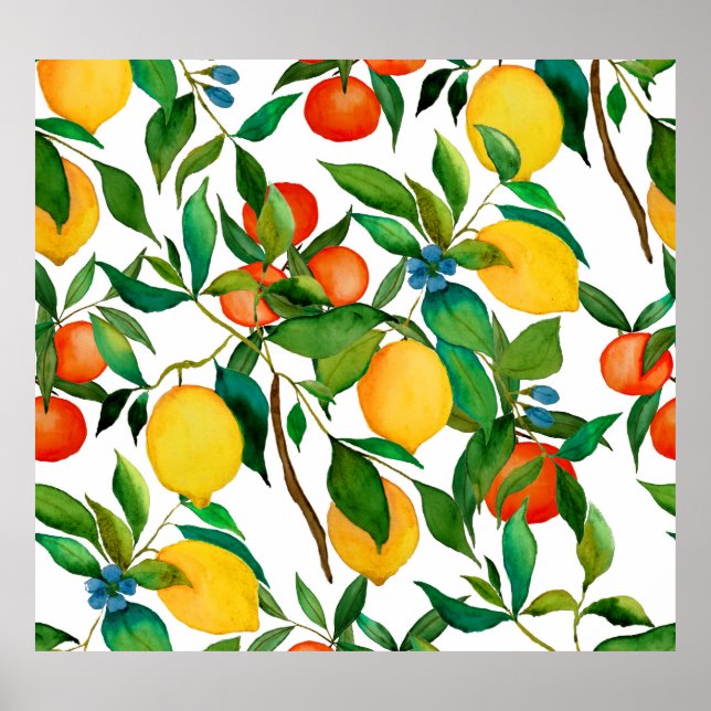 Zitrusfrüchte, lebendiges Aquarellmuster. Poster (Vorne)