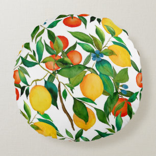 Zitrusfrüchte, lebendiges Aquarellmuster. Rundes Kissen
