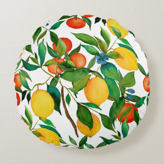Zitrusfrüchte, lebendiges Aquarellmuster. Rundes Kissen (Vorderseite)