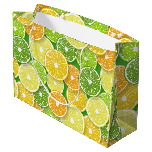 Zitrusfrüchte-Scheiben Pop Art 3 Große Geschenktüte (Rückseite Schrägansicht)