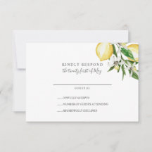 Zitrusfrüchte und Blätter gelbe Hochzeit RSVP