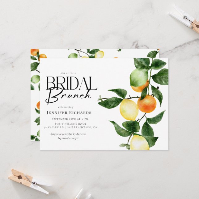 Zitrusfrüchte | Watercolor Bridal Brunch Einladung (Vorderseite/Rückseite Beispiel)